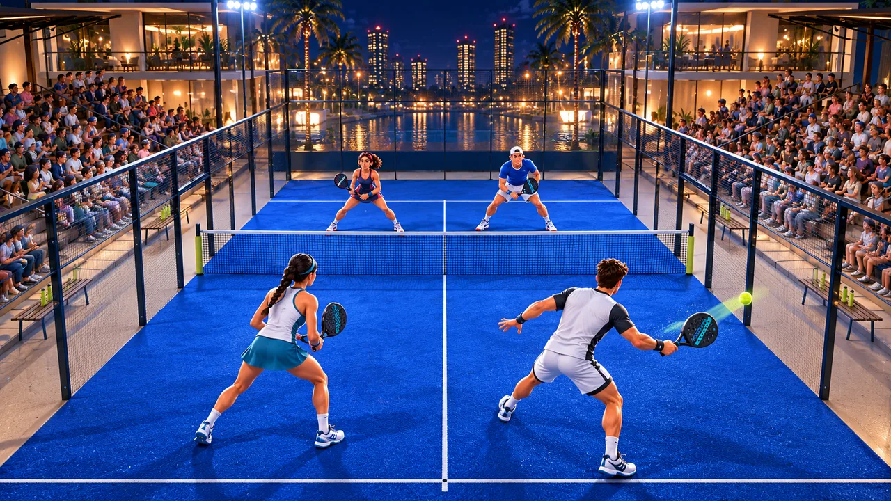 Four Padel Smash players rally in two teams on a blue glass-enclosed court under tropical night stadium lights.